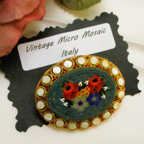 VINTAGE Italian Micromosaic Brooch: Floral Tesserae Tile Micro Mosaic Pin - Picture 8 of 14